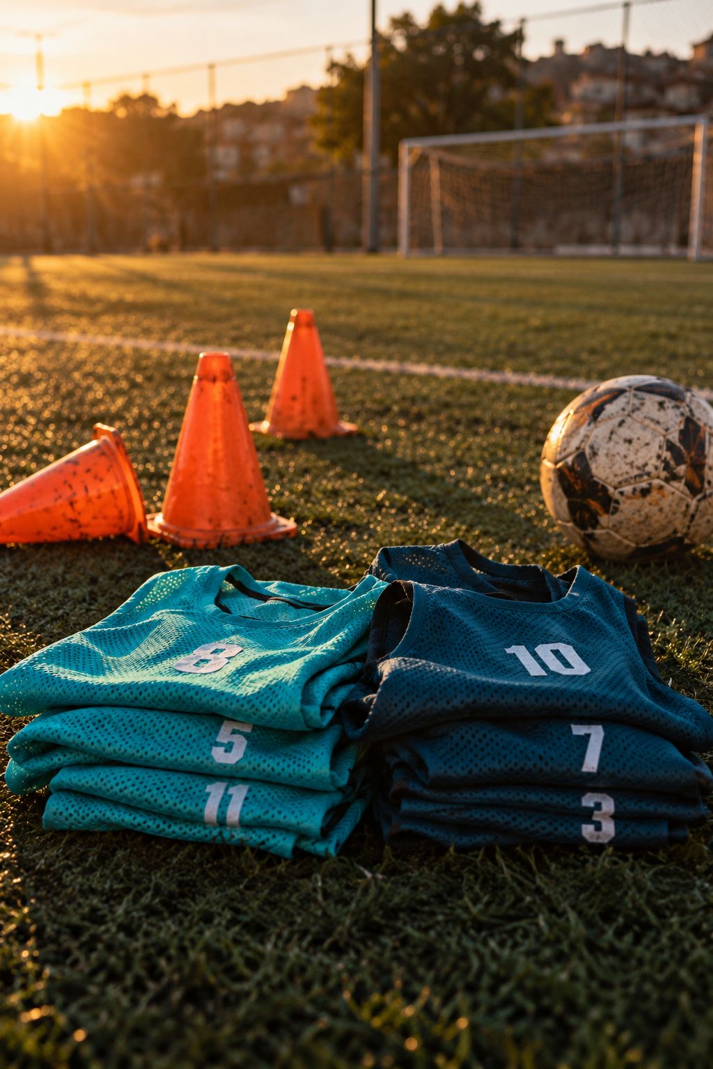 Coletes de treino turquesa e azul petróleo numerados sobre a grama, ao lado de cones e bola