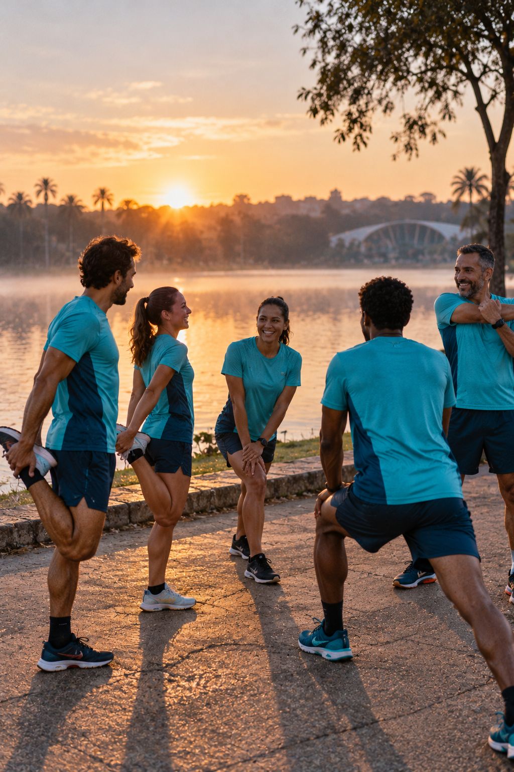 Grupo de corrida com camisetas turquesa iguais alongando na orla da Lagoa da Pampulha ao amanhecer