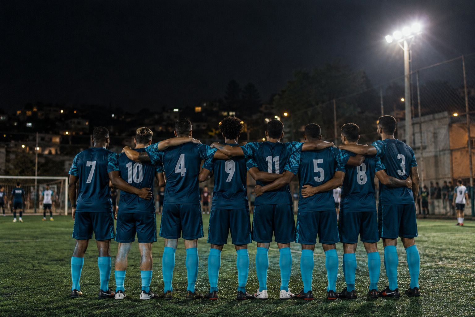 Time de futebol amador abraçado de costas, à noite, com uniforme azul petróleo, números brancos e meião turquesa