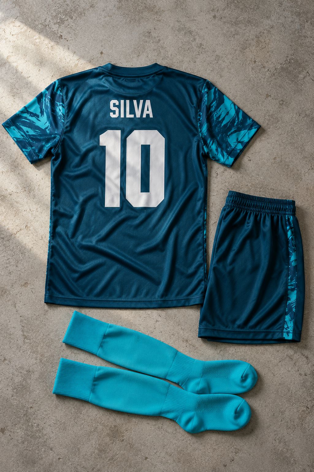 Kit de futebol com camisa azul petróleo número 10, calção e meião turquesa sobre piso de cimento