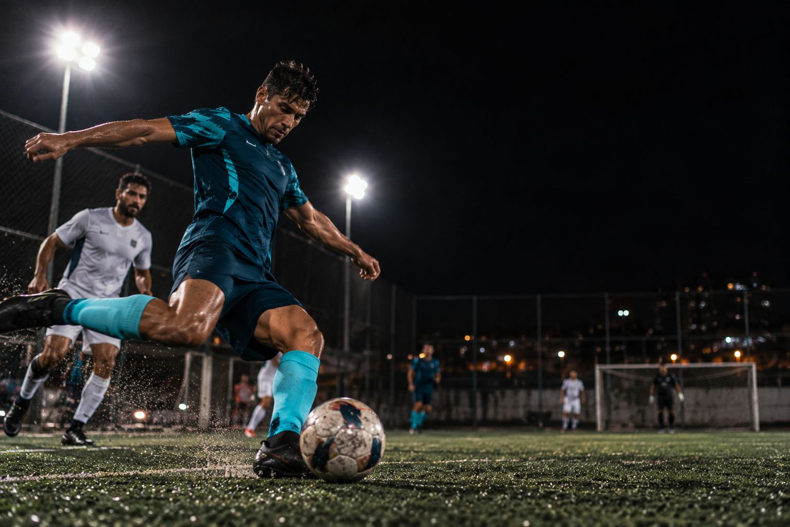 Jogador com uniforme azul petróleo chutando a bola num jogo noturno sob refletores